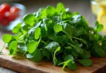 Agrião: 10 benefícios para emagrecer, fortalecer ossos e prevenir doenças Folhas frescas de agrião em destaque sobre tábua de madeira