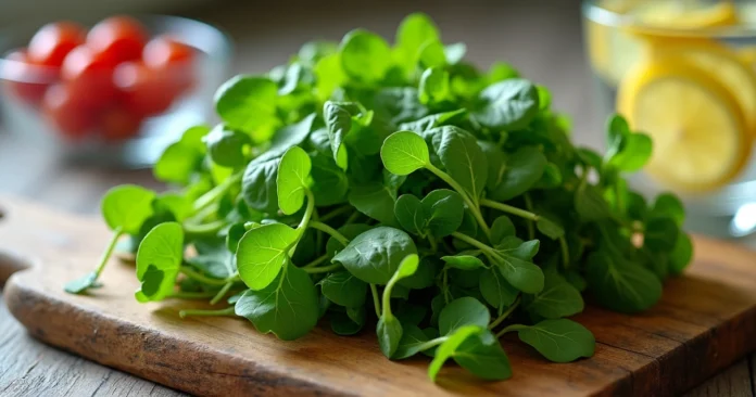 Folhas frescas de agrião em destaque sobre tábua de madeira
