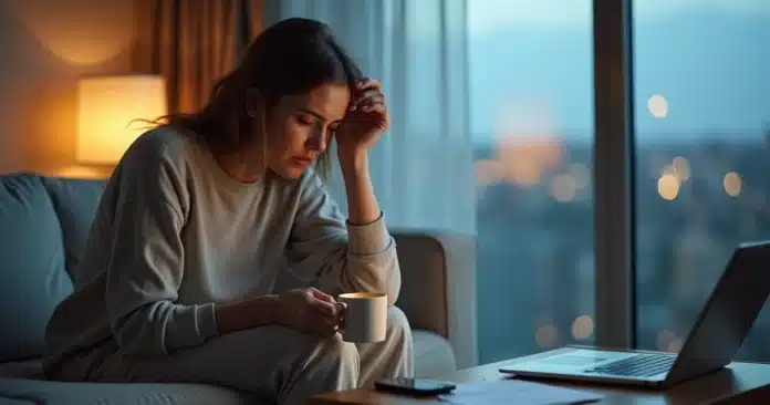 Mulher sentada no sofá com expressão preocupada segurando a cabeça