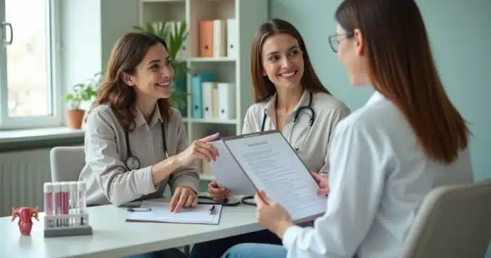 Mulher adulta sentada em consultório médico segurando resultados de exames de rotina