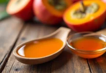 Azeite de dendê faz mal ou bem? Veja benefícios e riscos reais Colher de madeira com azeite de dendê sobre mesa rústica ao lado de frutos de dendê