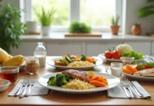 Cardápio de jejum intermitente: veja o que comer para emagrecer Mesa com cardápio saudável para jejum intermitente com pratos coloridos e água