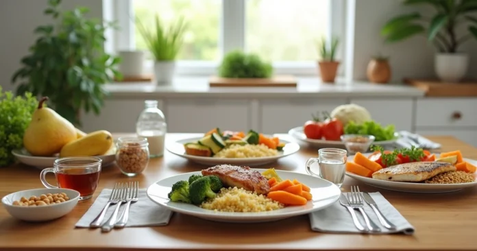 Mesa com cardápio saudável para jejum intermitente com pratos coloridos e água