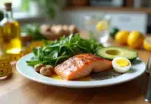 Cetose: Guia Prático para Emagrecer com Segurança Prato com alimentos low carb e cetogênicos sobre mesa com fita métrica ao lado