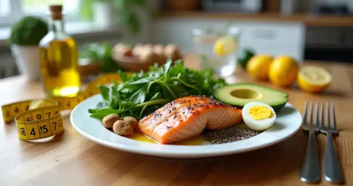 Prato com alimentos low carb e cetogênicos sobre mesa com fita métrica ao lado