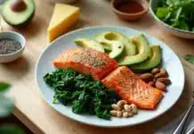 Como Entrar em Cetose: Guia Prático para Iniciantes Prato low carb com alimentos ricos em gordura boa e poucos carboidratos sobre mesa de madeira