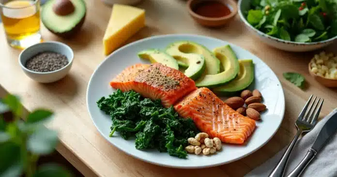 Prato low carb com alimentos ricos em gordura boa e poucos carboidratos sobre mesa de madeira