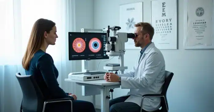 Paciente em consulta com oftalmologista fazendo exame de vista com equipamento moderno
