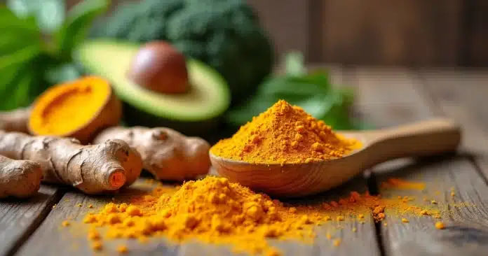 Raiz de cúrcuma fresca em colher de madeira ao lado de legumes low carb