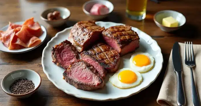Prato de dieta carnívora com diversos cortes de carne grelhada e ovos sobre mesa rústica