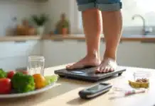 Emagrecimento e Diabetes: Como o Controle do Peso Ajuda na Saúde Pessoa acima do peso se pesando em balança ao lado de alimentos saudáveis e glicosímetro