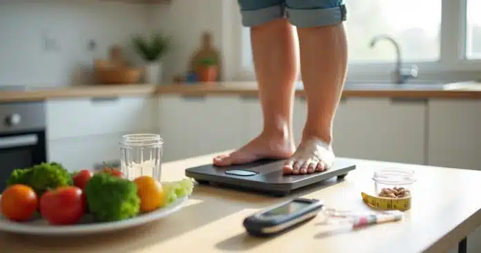 Pessoa acima do peso se pesando em balança ao lado de alimentos saudáveis e glicosímetro