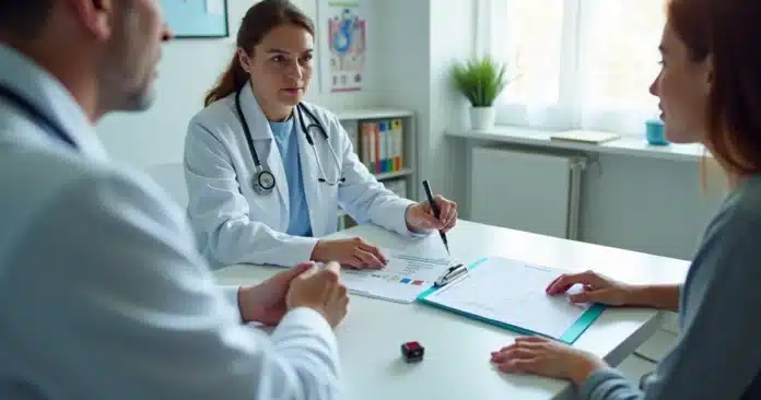 Profissional de saúde mostra resultado de hemoglobina glicada para paciente em consultório