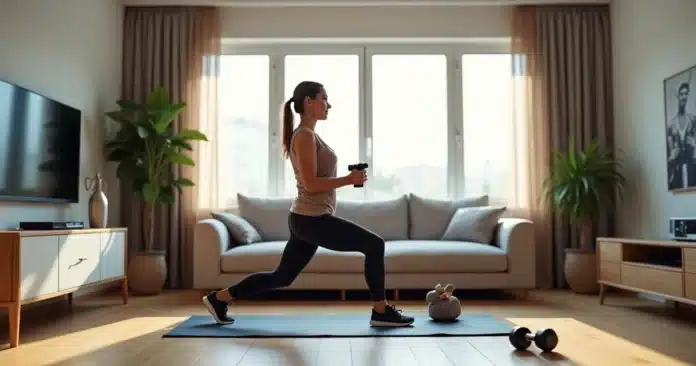 Pessoa fazendo exercício em casa na sala usando colchonete e halteres