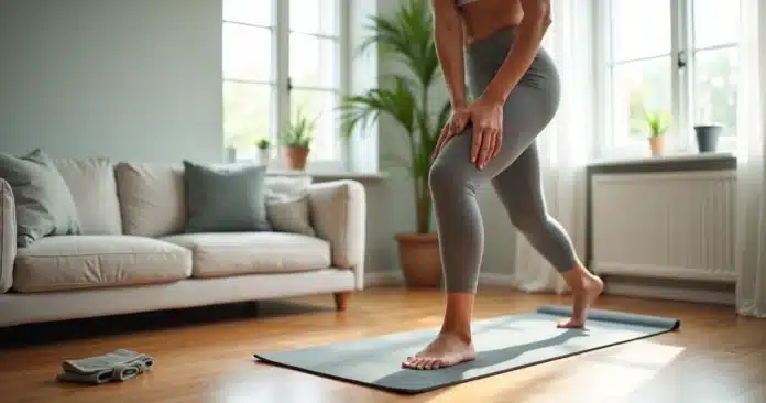 Adulto iniciando treino simples em casa fazendo alongamento em tapete de exercício