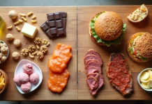 Gordura saturada: o que é, exemplos e riscos no dia a dia Mesa dividida com alimentos naturais ricos em gordura e ultraprocessados cheios de gordura saturada