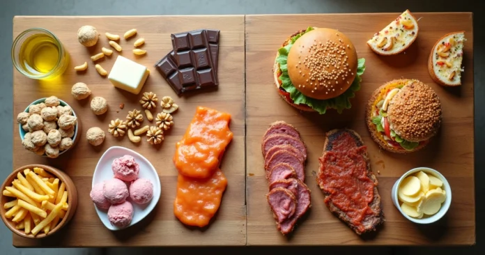 Mesa dividida com alimentos naturais ricos em gordura e ultraprocessados cheios de gordura saturada