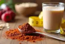 Guaraná em pó: 10 benefícios e alertas para emagrecer com saúde Colher com guaraná em pó ao lado de copo de vitamina fitness e fita métrica