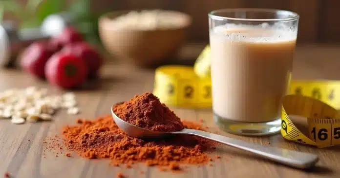 Colher com guaraná em pó ao lado de copo de vitamina fitness e fita métrica