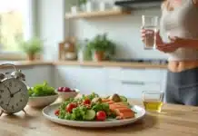 Jejum Intermitente: o guia definitivo para Jejum Intermitente Mesa com relógio, pratos saudáveis e mulher segurando copo de água representando jejum intermitente