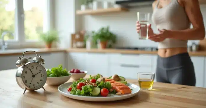 Mesa com relógio, pratos saudáveis e mulher segurando copo de água representando jejum intermitente