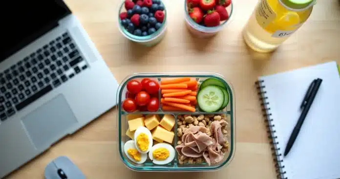 Marmita com lanches saudáveis em mesa de escritório ao lado de notebook