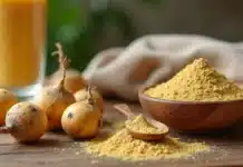 Maca peruana: benefícios, usos e cuidados para saúde e energia Raízes de maca peruana e pó em colher de madeira sobre fundo rústico