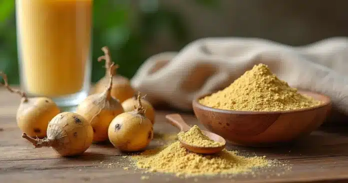 Raízes de maca peruana e pó em colher de madeira sobre fundo rústico