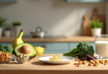 Magnésio Dimalato para que serve e como consumir Cápsulas de magnésio dimalato ao lado de alimentos ricos em magnésio sobre bancada de madeira