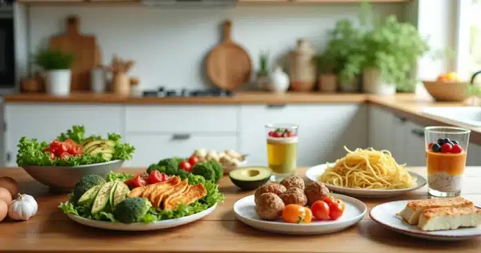 Mesa com pratos variados de receitas low carb coloridas e saudáveis