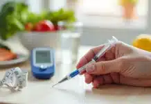 Mounjaro: como age na diabetes, emagrecimento e segurança Mão segurando caneta injetora de Mounjaro ao lado de alimentos saudáveis e glicosímetro