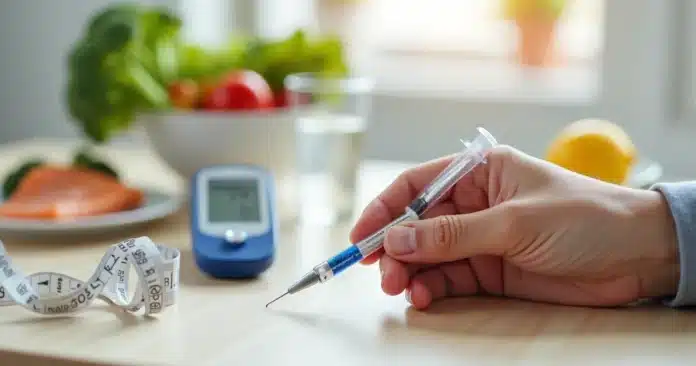 Mão segurando caneta injetora de Mounjaro ao lado de alimentos saudáveis e glicosímetro