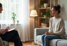 Entenda a ansiedade: quando procurar ajuda profissional? Mulher ansiosa sentada em consultório conversando com profissional de saúde mental