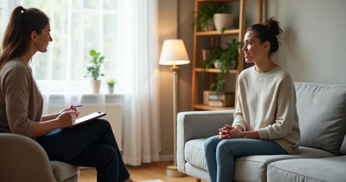 Mulher ansiosa sentada em consultório conversando com profissional de saúde mental