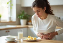 Intolerância à lactose: sintomas, causas e teste para confirmar Mulher adulta com desconforto abdominal após beber leite sentada na cozinha