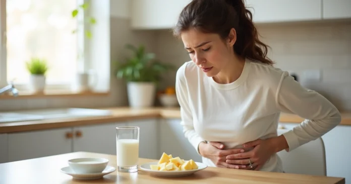 Mulher adulta com desconforto abdominal após beber leite sentada na cozinha