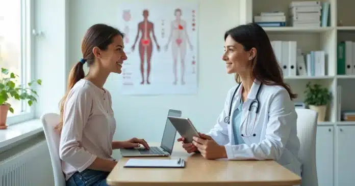 Mulher adulta em consulta médica fazendo check-up de rotina