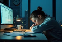Entenda a síndrome de Burnout: os 10 níveis que você precisa saber Mulher exausta apoiando a cabeça na mesa de trabalho em escritório noturno