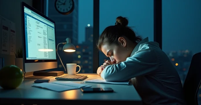 Mulher exausta apoiando a cabeça na mesa de trabalho em escritório noturno