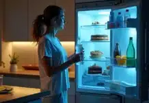 Como reduzir a fome noturna em processos de emagrecimento Mulher afasta lanche noturno e escolhe água na cozinha à noite