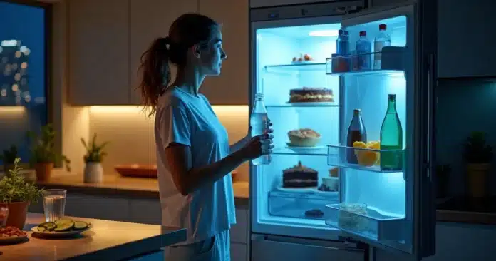 Mulher afasta lanche noturno e escolhe água na cozinha à noite