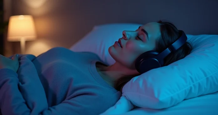 Mulher de olhos fechados usando fones de ouvido enquanto relaxa em um ambiente escuro com ondas sonoras ao fundo