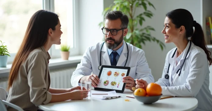 Médico nutrólogo e nutricionista conversando com paciente em consultório moderno