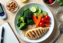 Alimentação para diabéticos: como montar um prato saudável Prato saudável para diabéticos com legumes, proteína magra e grãos integrais