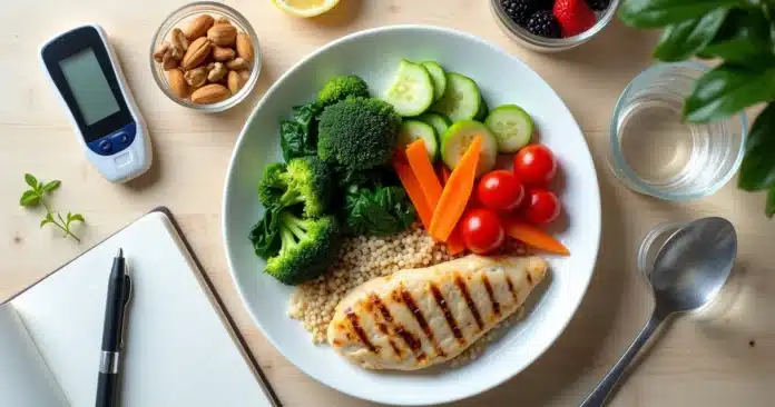 Prato saudável para diabéticos com legumes, proteína magra e grãos integrais