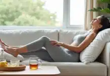 Retenção de líquido: 7 formas eficazes de desinchar rápido Mulher com pernas elevadas em sofá mostrando alívio do inchaço nas pernas