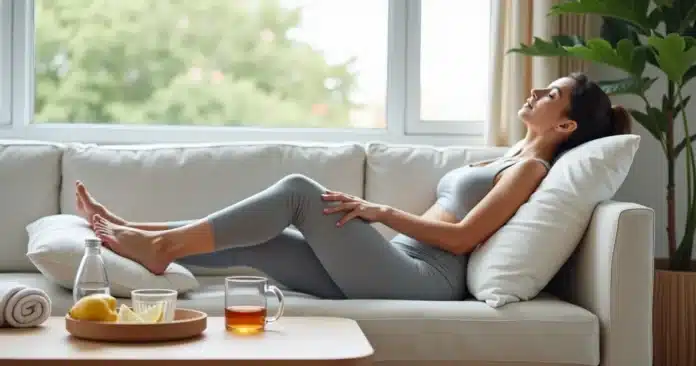 Mulher com pernas elevadas em sofá mostrando alívio do inchaço nas pernas