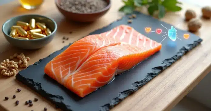 Peixe rico em ômega 3 ao lado de ícones de coração e cérebro saudáveis