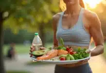 Saúde Metabólica: Como Alimentação e Hábitos Transformam Seu Corpo Pessoa segurando prato saudável e caminhando em parque ao pôr do sol