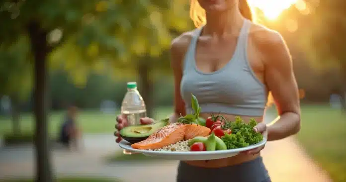 Pessoa segurando prato saudável e caminhando em parque ao pôr do sol